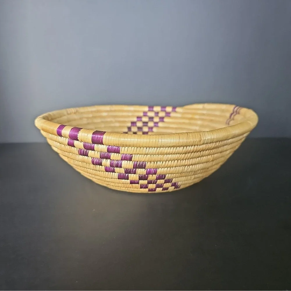 Hand Made Straw Coil Basket African or Native American- Purple Accent 9.5